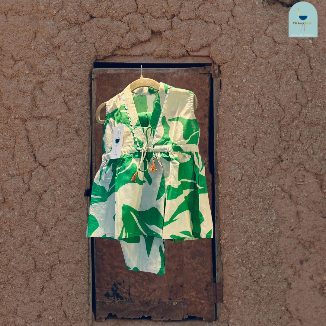 Radiant Blossoms: Fern Green Girls Pant and Top Set