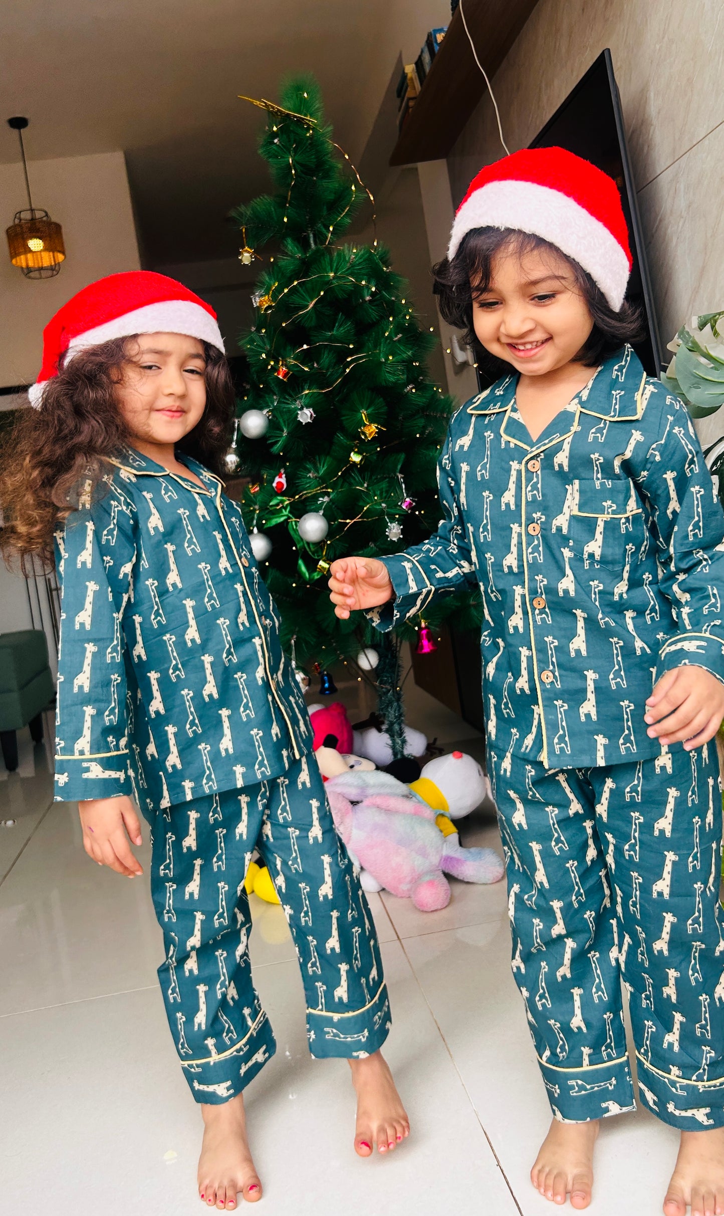 Green Cotton Christmas Pajama set for kids -