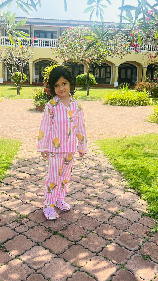 Pink Lemon Stripes Night suit