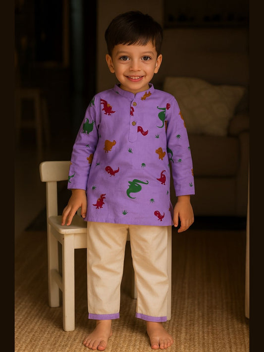 Brave Explorer – Purple Dino Kurta Pajama with Border | Pure Cotton