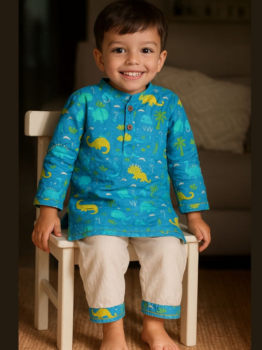 Little Voyager” – Blue Dino Kurta Pajama with Border | Pure Cotton