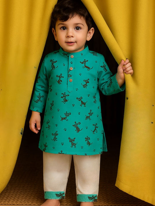 Playful Paw” – Green Dog Kurta Pajama with Border | Pure Cotton