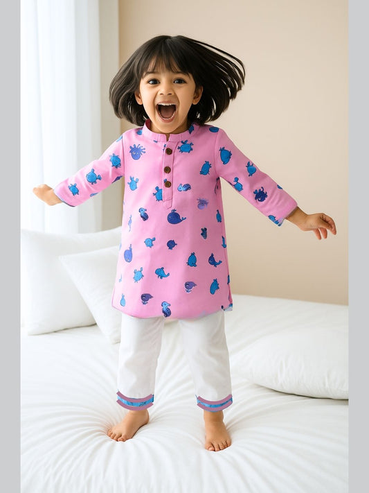 Dream Weaver – Pink Sea Creatures Kurta Pajama | Pure Cotton