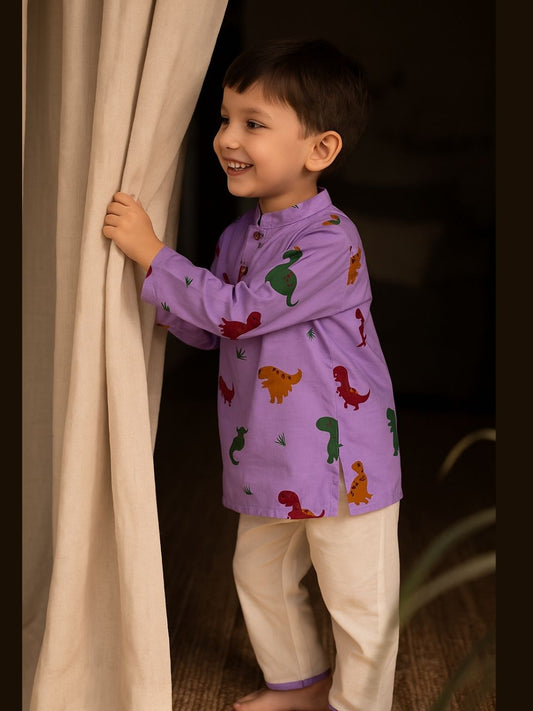 Brave Explorer – Purple Dino Kurta Pajama with Border | Pure Cotton