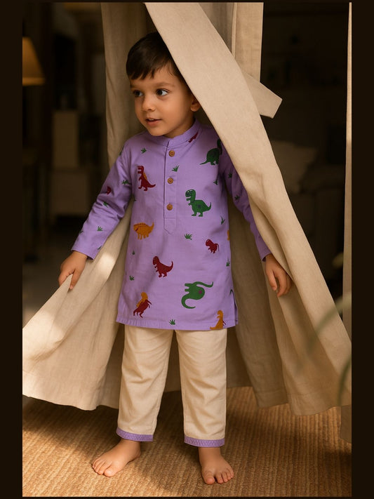 Brave Explorer – Purple Dino Kurta Pajama with Border | Pure Cotton