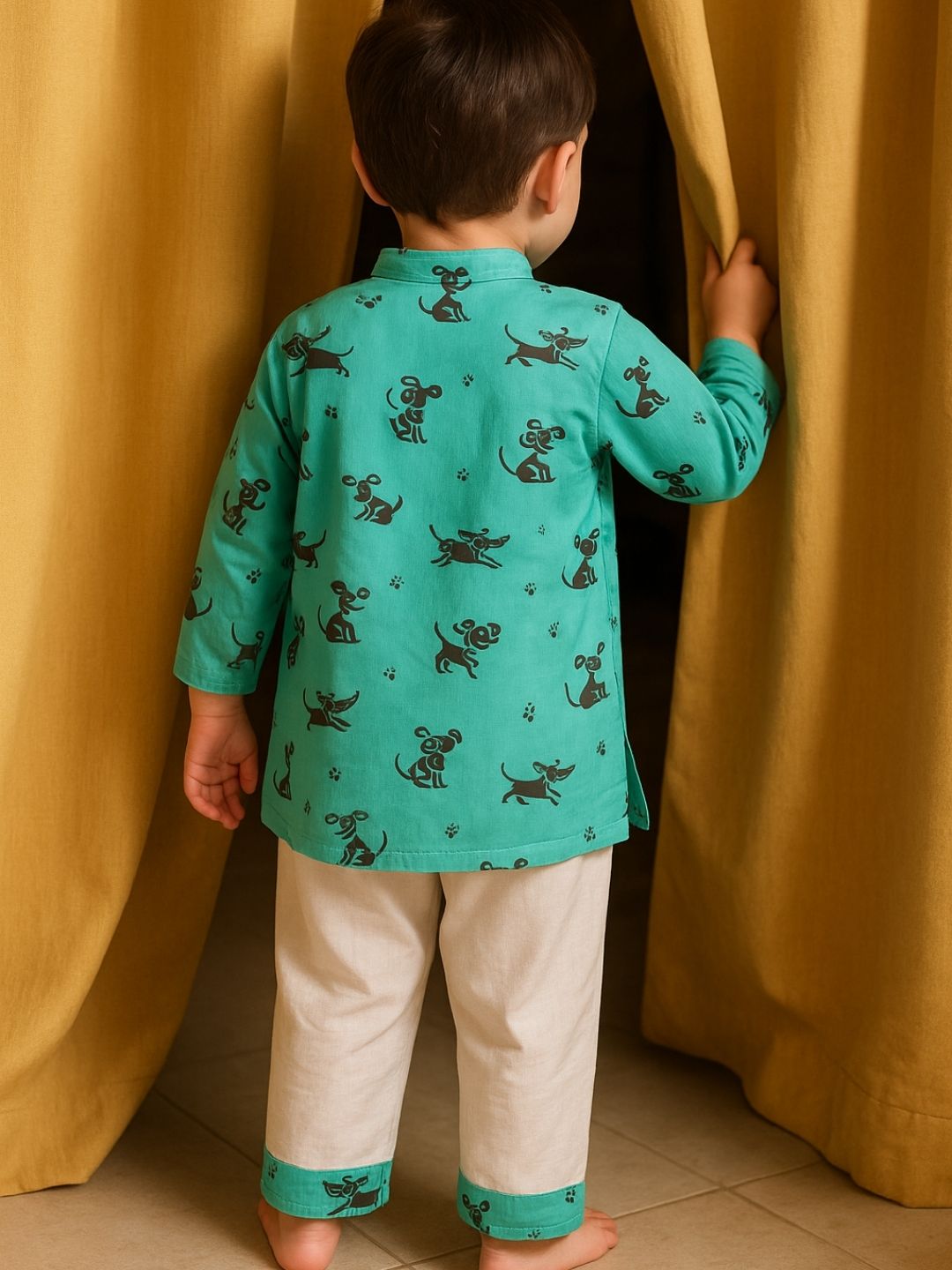Playful Paw” – Green Dog Kurta Pajama with Border | Pure Cotton