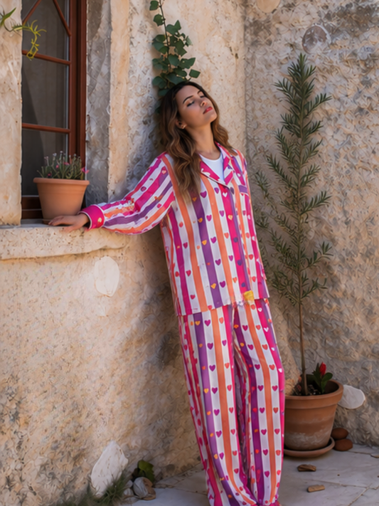 Mullticolor Striped Cotton Nightwear for Women – Relaxed Fit Pajama Set