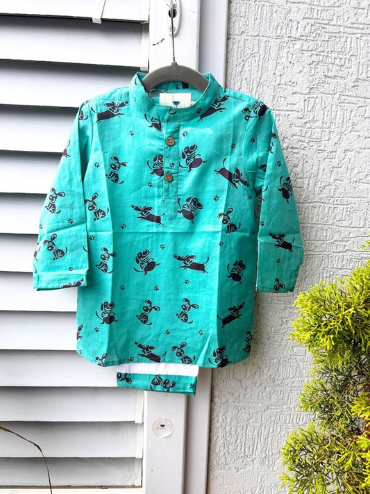 Playful Paw– Green Dog Kurta Pajama with Border | Pure Cotton