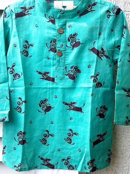 Playful Paw” – Green Dog Kurta Pajama with Border | Pure Cotton