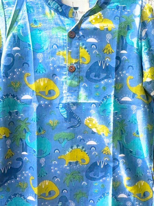Little Voyager” – Blue Dino Kurta Pajama with Border | Pure Cotton
