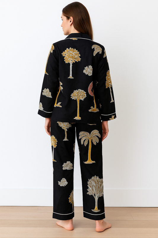 Women Handcrafted Black Jungle Palm Tree Night Suits