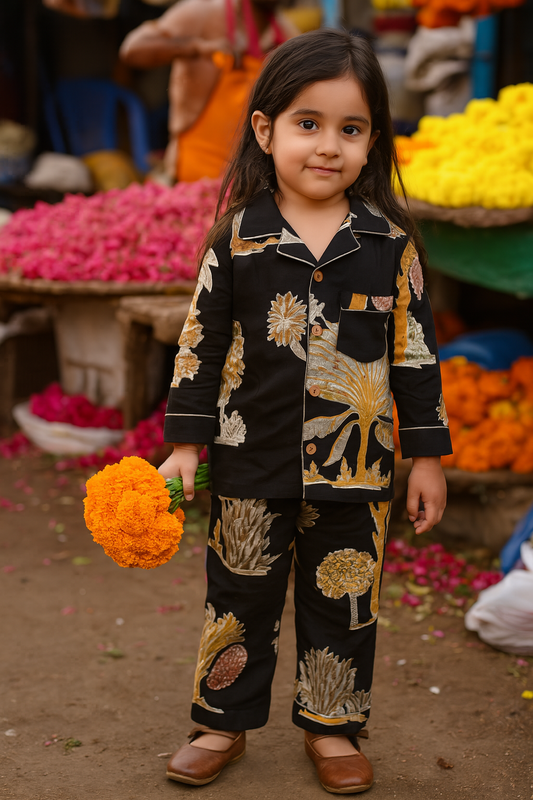 Twinning in Style – Handcrafted Black Jungle Palm Tree twinning Night Suits