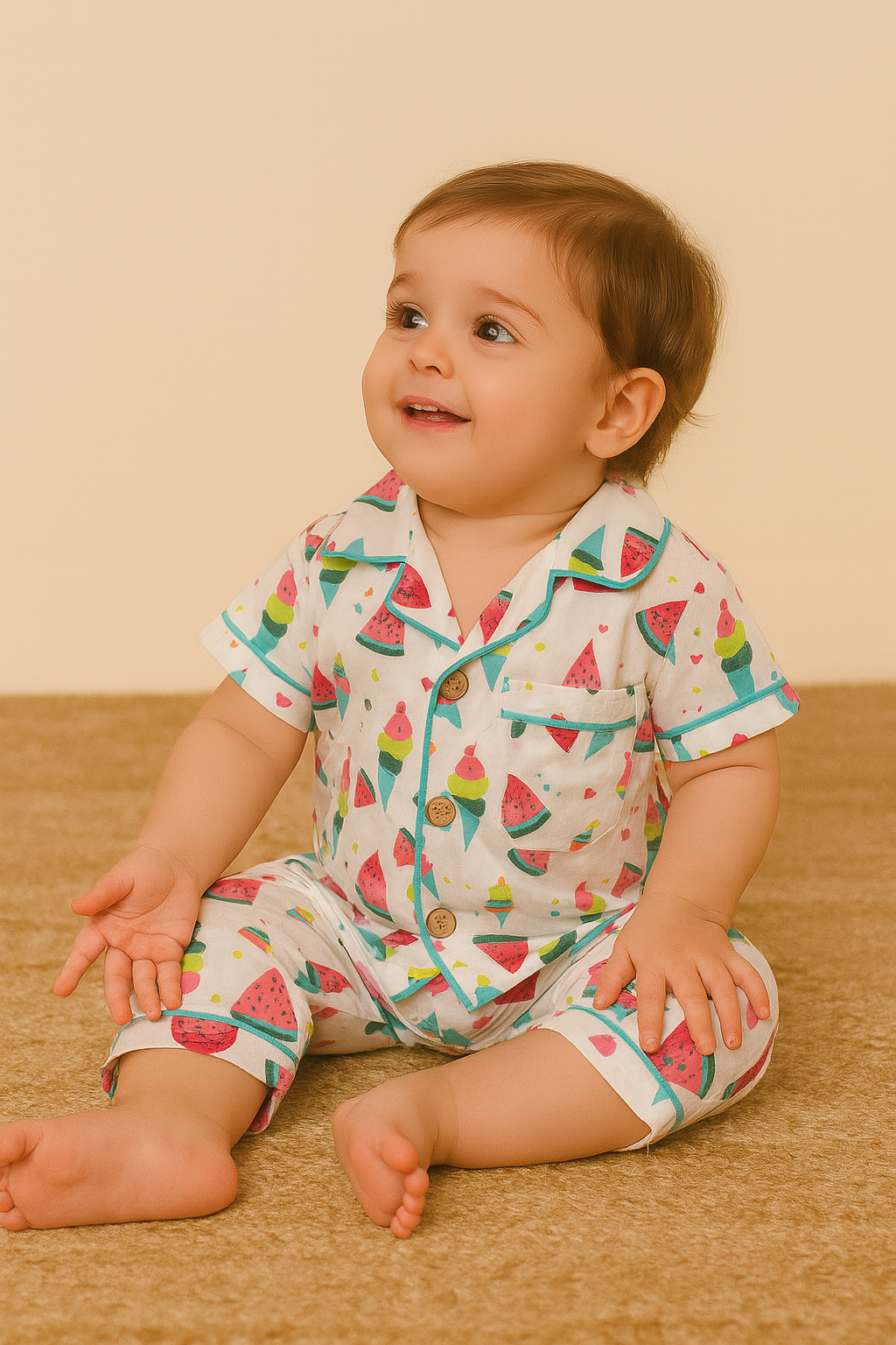 Multicolor Fruit Print Night Suit- Half Sleeve