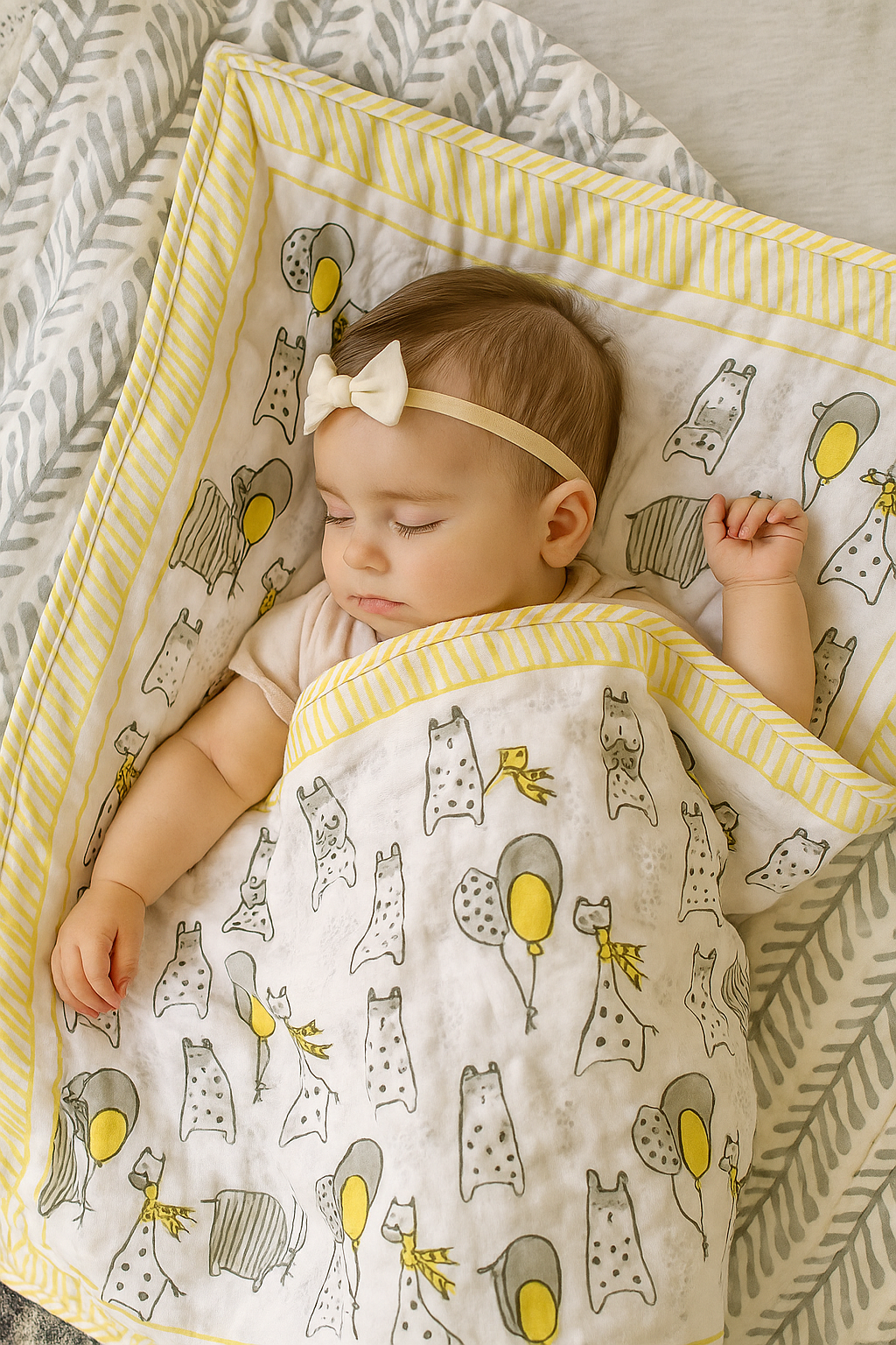 Animal Kingdom : Handblock Giraffe Elephant Print Baby Quilt