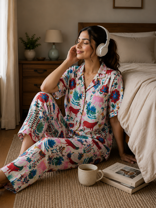 White Coastal Paradise pajama set-Relaxed Fit