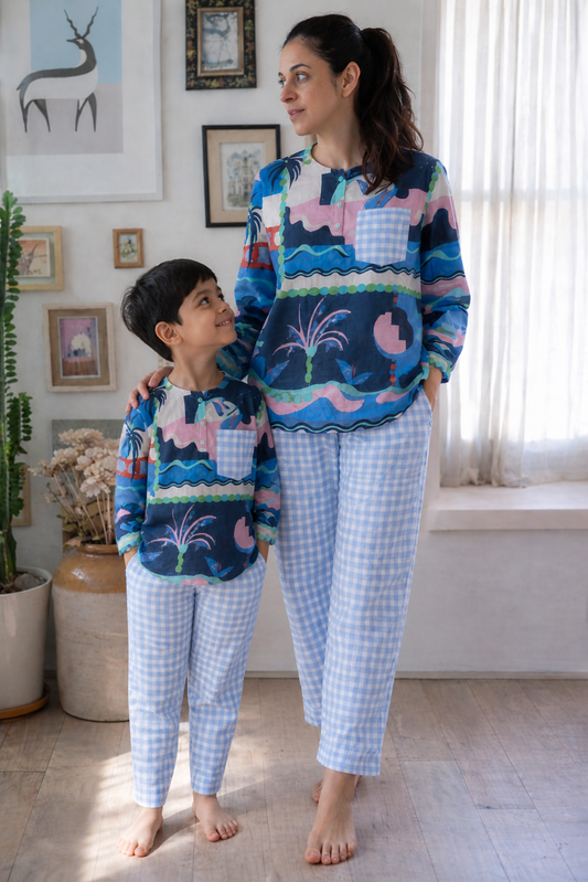 Blue white ocean kurta pajama matching set