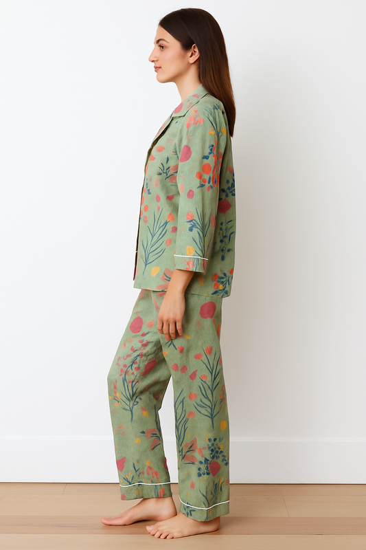 Women Green Jungle hand block print PJs