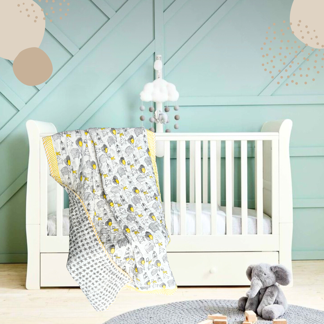 Animal Kingdom : Handblock Giraffe Elephant Print Baby Quilt