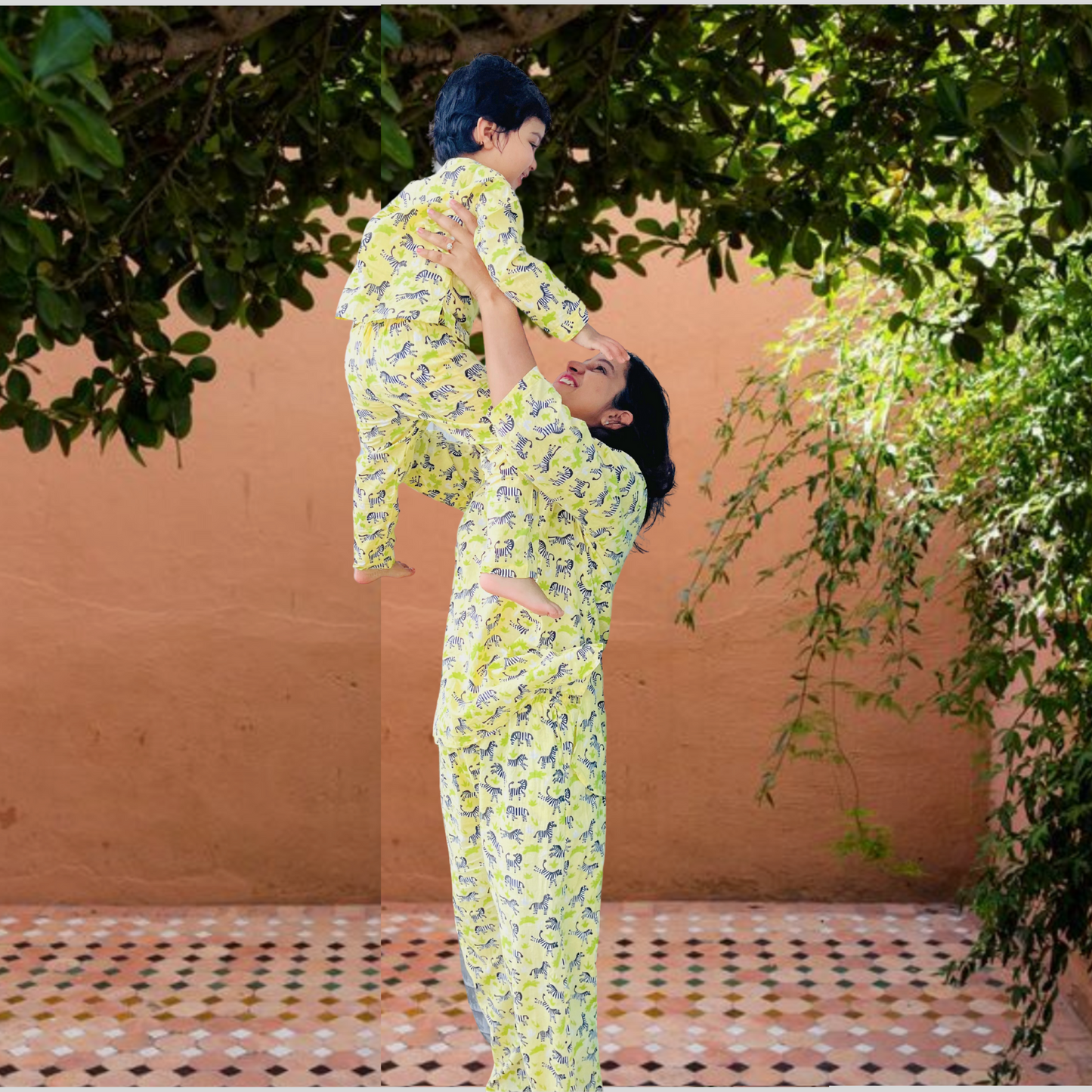 Yellow zebra mom daughter/son twinning sets