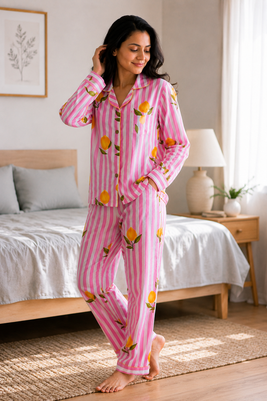 Pink Lemon Bliss Cotton Nightwear for Women – Relaxed Fit Pajama Set