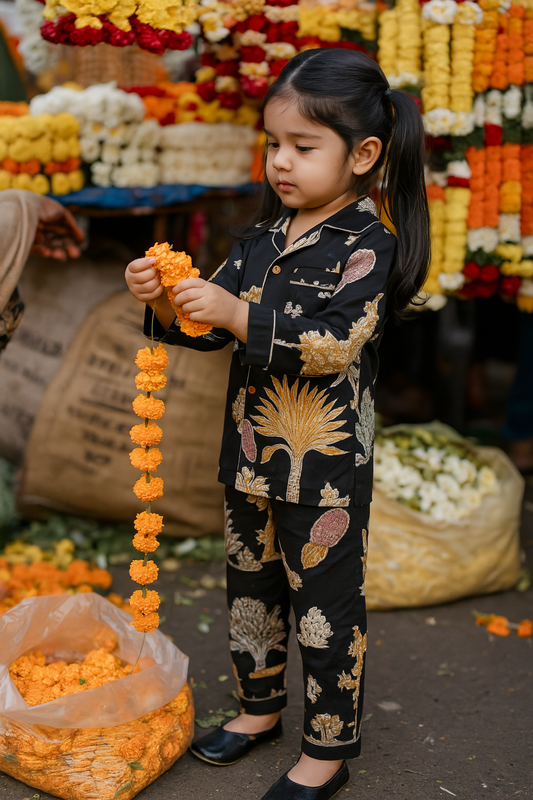 Handcrafted Black Jungle Palm Tree Night Suits