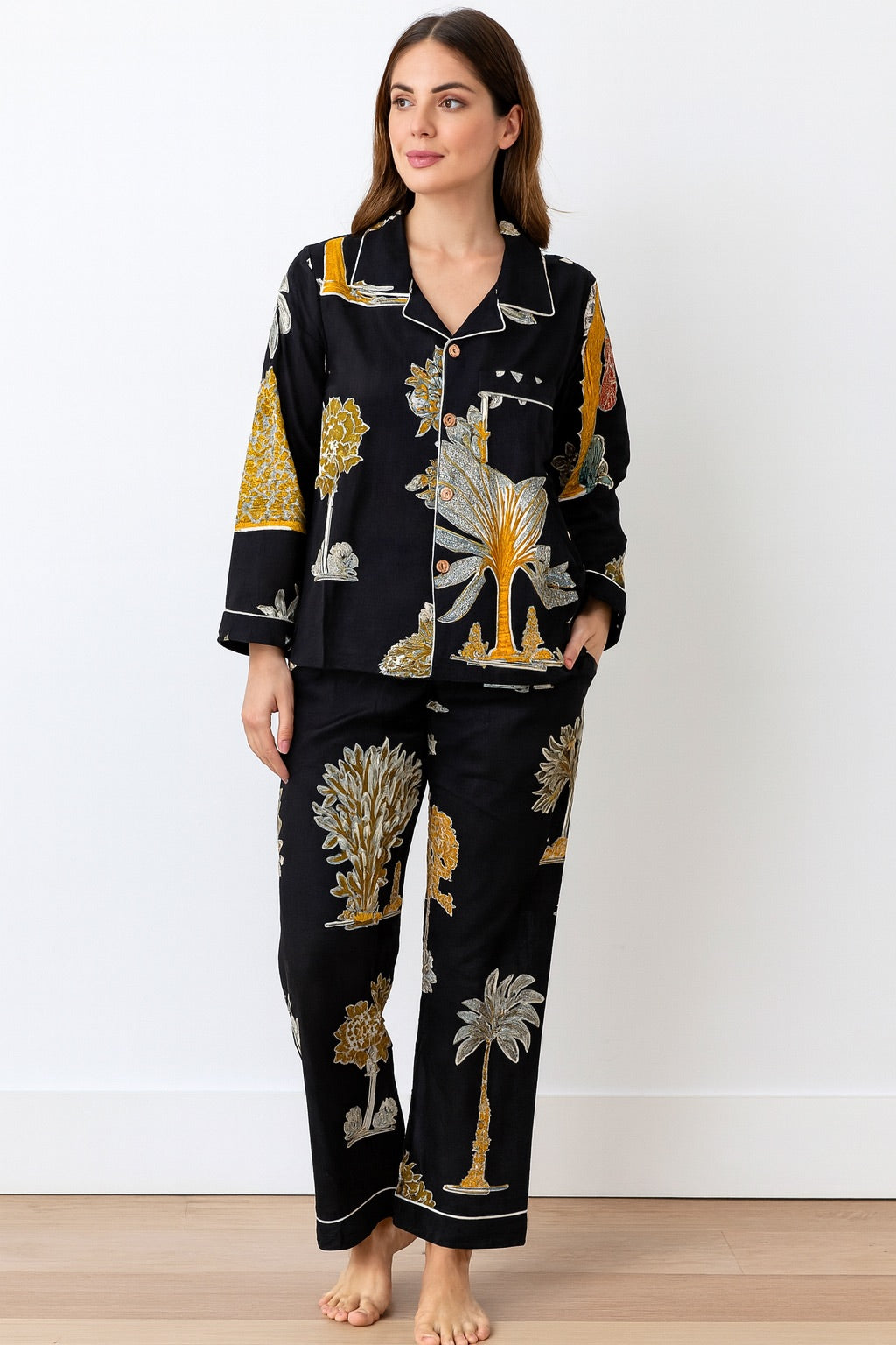 Twinning in Style – Handcrafted Black Jungle Palm Tree twinning Night Suits