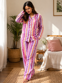 Mullticolor Striped Cotton Nightwear for Women – Relaxed Fit Pajama Set