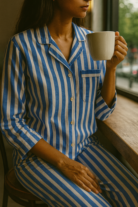 Classic Blue Striped Cotton Nightwear for Women – Relaxed Fit Pajama Set