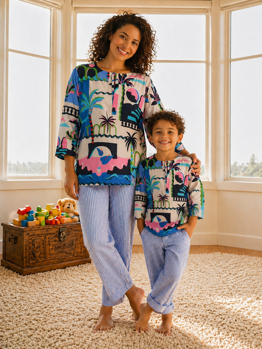 Blue white ocean kurta pajama matching set