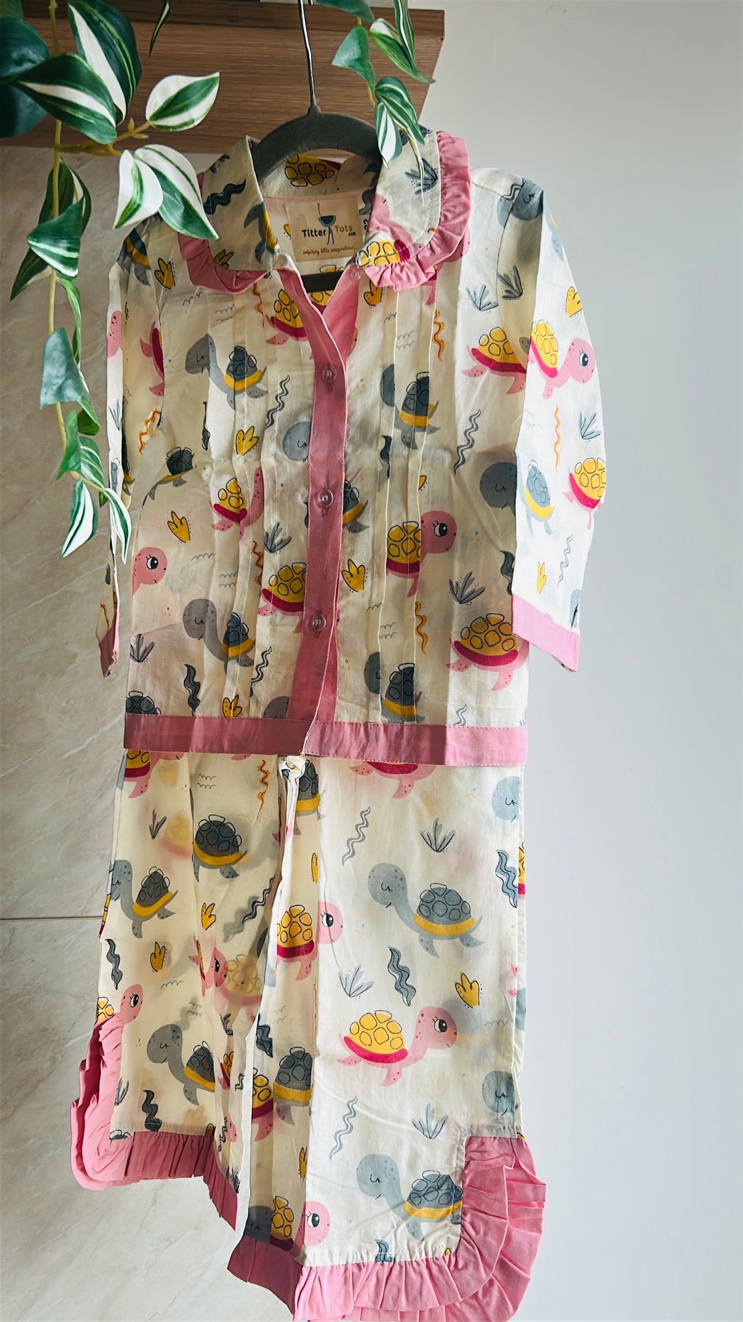 Handcrafted Turtle Pink Stripe Animal Print Night Dress