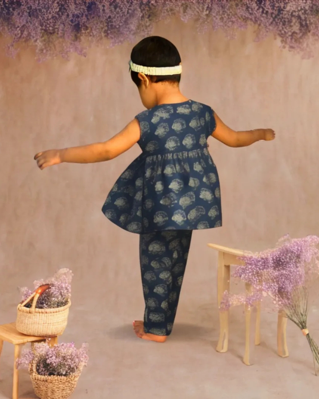 Radiant Blossoms: Indigo Blue Girls Pant and Top Set