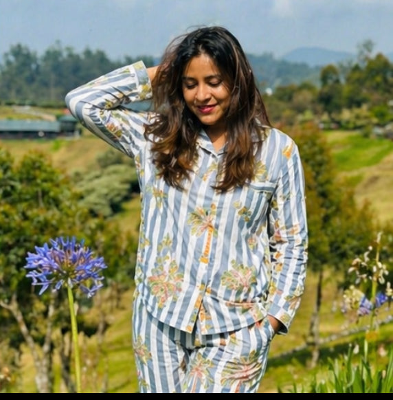 Grey Palm coast Cotton Nightwear for Women – Relaxed Fit Pajama Set