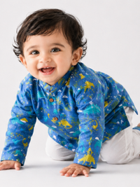Little Voyager– Blue Dino Kurta Pajama with Border | Pure Cotton