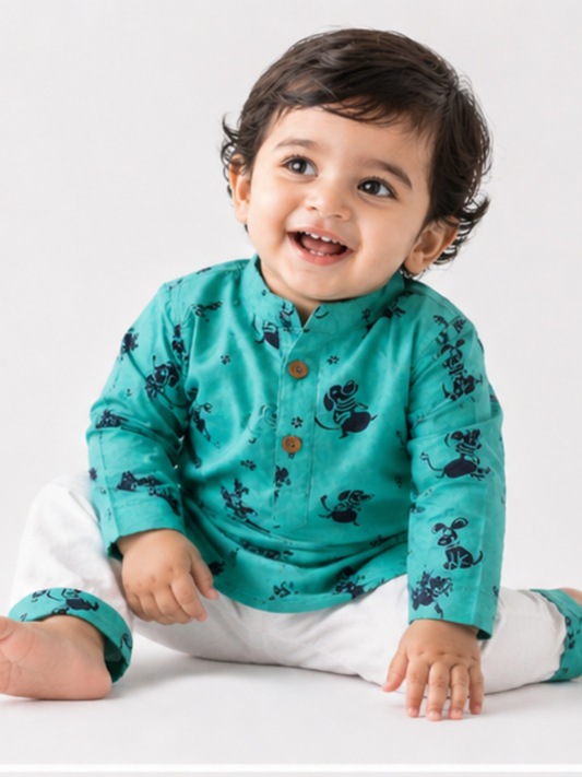 Playful Paw– Green Dog Kurta Pajama with Border | Pure Cotton