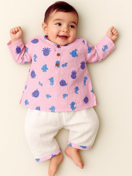 Dream Weaver – Pink Sea Creatures Kurta Pajama | Pure Cotton