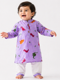 Brave Explorer – Purple Dino Kurta Pajama with Border | Pure Cotton