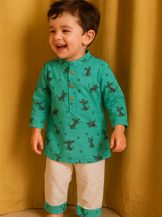 Playful Paw” – Green Dog Kurta Pajama with Border | Pure Cotton