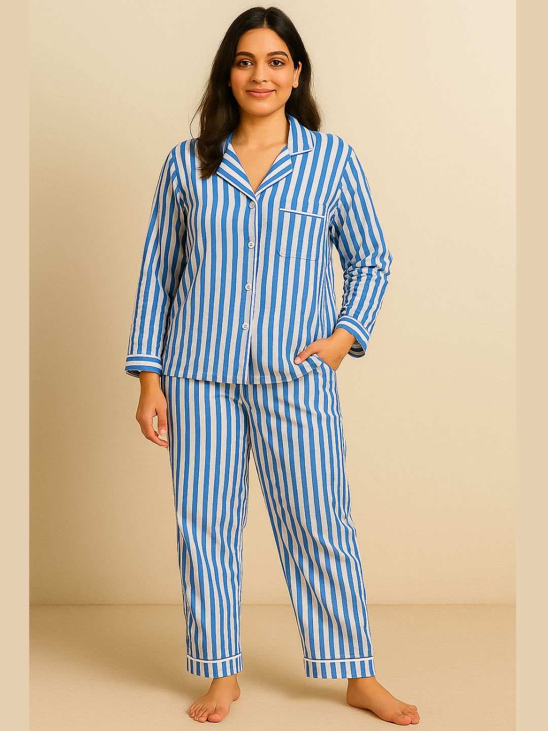 Classic Blue Striped Cotton Nightwear for Women – Relaxed Fit Pajama Set