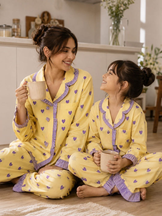 Yellow Heart Mom & Me Pajama Set Frill details-Relaxed fit