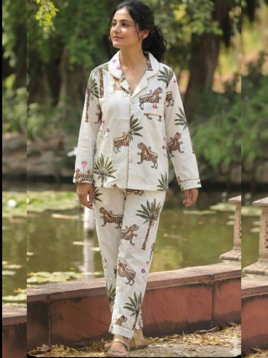 Women White Jungle  hand block print PJs