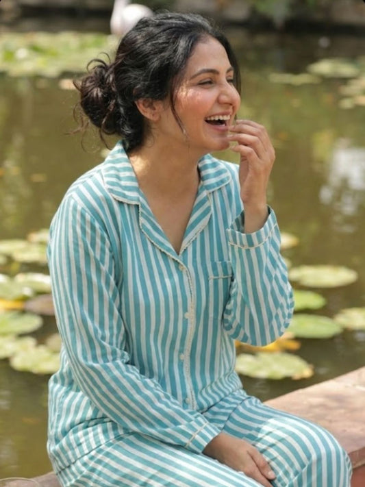 Classic Turquoise Striped Cotton Nightwear for Women – Relaxed Fit Pajama Set