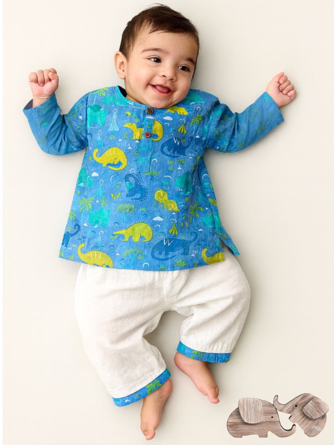 Little Voyager” – Blue Dino Kurta Pajama with Border | Pure Cotton
