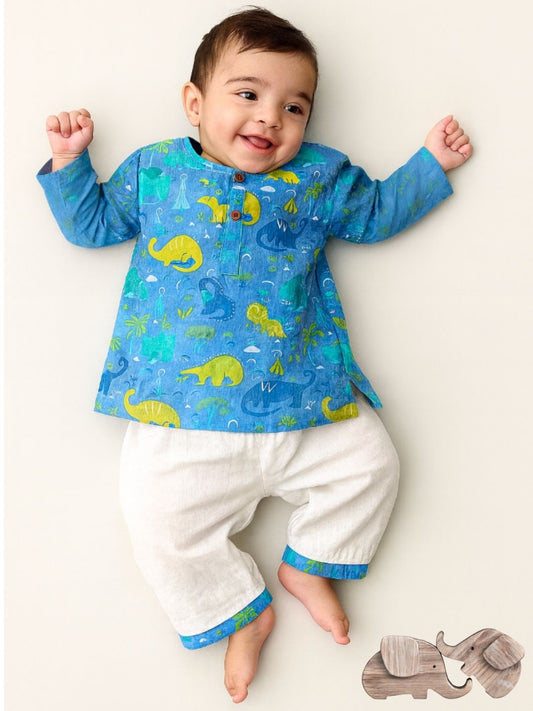 Little Voyager” – Blue Dino Kurta Pajama with Border | Pure Cotton