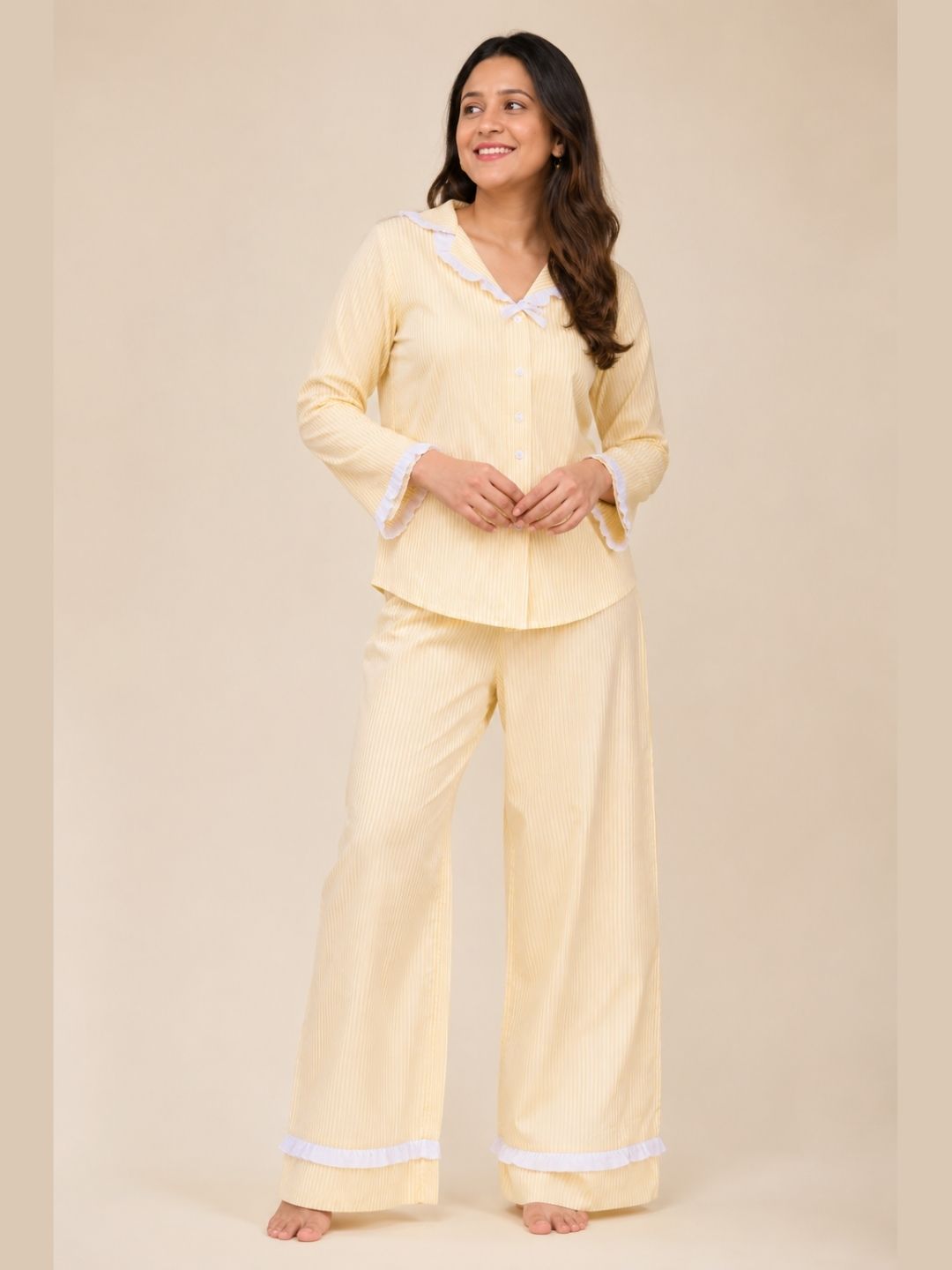 Lemon Yellow Slumber Pure Cotton Pajama Set with Vintage Frill Details-Relaxed Fit