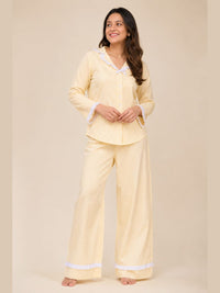 Lemon Yellow Slumber Pure Cotton Pajama Set with Vintage Frill Details-Relaxed Fit