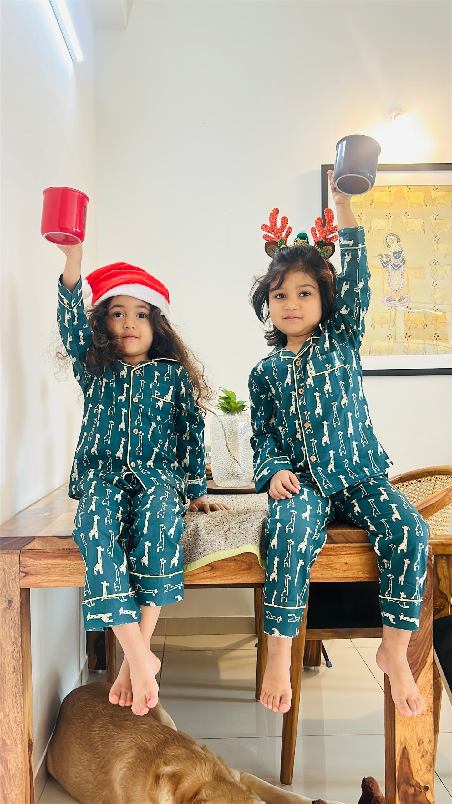 Green Cotton Christmas Pajama set for kids -