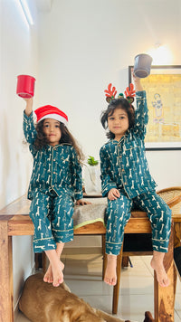 Green Cotton Christmas Pajama set for kids -