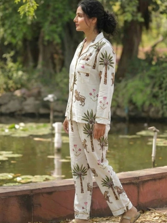 Women White Jungle  hand block print PJs