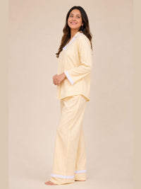 Lemon Yellow Slumber Pure Cotton Pajama Set with Vintage Frill Details-Relaxed Fit