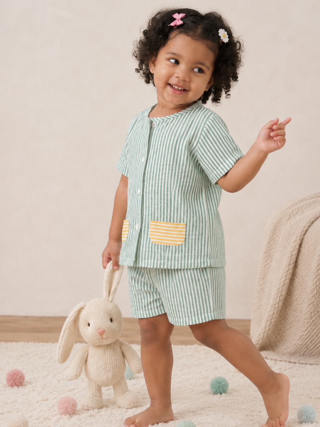 Green Kids Striped Cotton Co-ord Set | Casual Wear | Tittertots